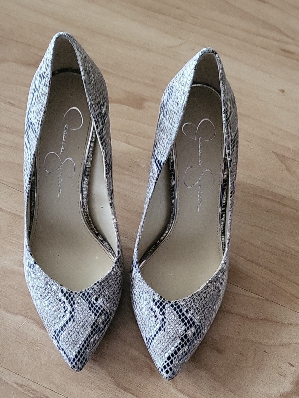 Jessica Simpson Snake-Print Pointed Toe Pumps in Gray and Black